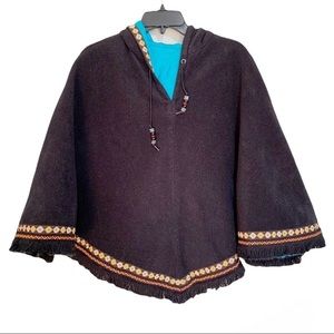 MUDD Reversible Hooded Poncho Fleece/Nylon Black/Blue Tribal Trim Fringe